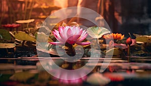 Pink lotus flower floating on tranquil pond water generated by AI