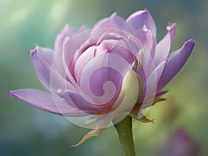 Pink lotus flower with green leafs and white bud in the garden