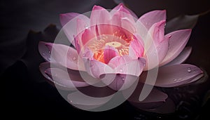 Pink lotus flower head floating on tranquil pond generated by AI