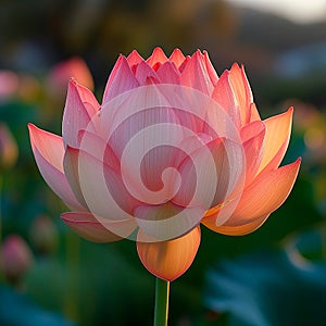 Pink lotus flower, its petals kissed by the light of the setting sun, stands out with a soft glow against a backdrop of green