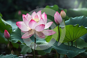 Pink lotus flower plants in water. Generative Ai