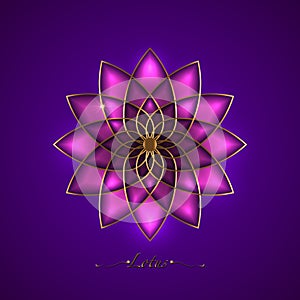 Pink Lotus flower, sacred geometry mandala, golden luxury ornament, gold line art floral logo. Flower blossom symbols of yoga, spa