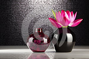 Pink lotus flower in vase on black and white background
