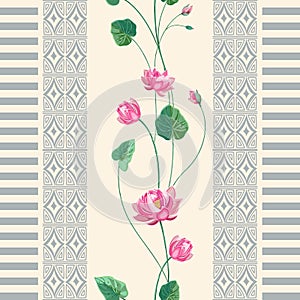 Pink Lotus flower and vertical border of elements of boho style.Seamless pattern