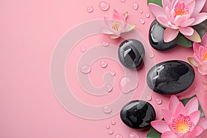 Pink lotus flowers and black spa stones adorned with water droplets, arranged on a pastel pink background.