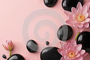 Pink lotus flowers and black spa stones arranged on a pastel pink background. Top view with copy-space.