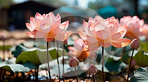 Pink lotus flowers bloom above the water, with sunlight illuminating their delicate petals and a blurred background enhancing