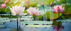 Pink lotus flowers bloom in a pond, surrounded by water