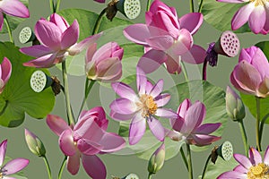 Pink lotus flowers, buds and green leaves isolated on white background