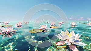 Pink lotus flowers float on shimmering waters under a clear blue sky, creating a serene waterscape, perfect for