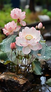 Pink lotus flowers with raindrops on their petals are gently resting above the water, surrounded by large green leaves in a serene