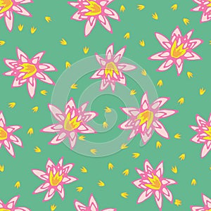 pink lotus flowers vector pattern on green