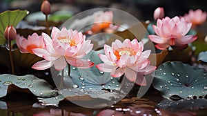 Pink lotus flowers with water droplets on their petals, standing above dark green leaves in the tranquil water, close-up