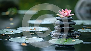 Pink Lotus on Stacked Stones in Water