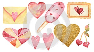 Pink Love day Clipart, Watercolor Cute Valentines illustration set, Golden Heart, ice cream, envelope, cherry clip art,  Baby