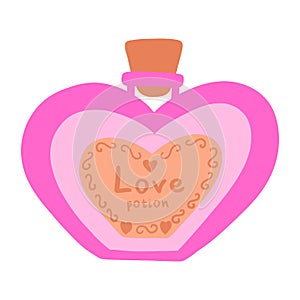 Pink love potion in a heart-shaped bottle