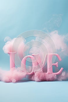 Pink LOVE text amidst ethereal clouds on a blue backdrop.