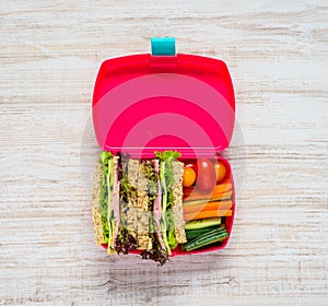 Pink Lunch Box with Sandwich and Vegetables