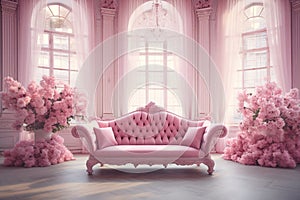 Pink luxurious room with sofa. Backdrop for photographers