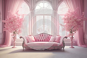 Pink luxurious room with sofa. Backdrop for photographers