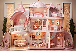 Pink luxury dollhouse with pink interior. Generated by artificial intelligence