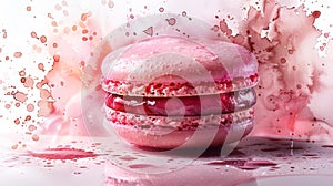 Pink macaron with artistic splash background - generative ai photo