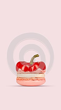 Pink macaron with pepper surprise. French dessert, macaron topped with red peppercorn on pink background. Contemporary