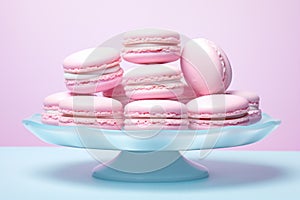 Pink macarons on blue stand.