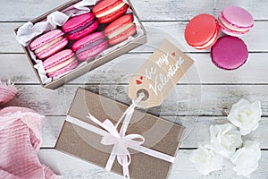 Pink macarons in a box for Valentine`s Day