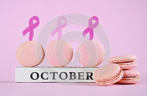 Pink macarons for Pink Ribbon October charity month with symbols.