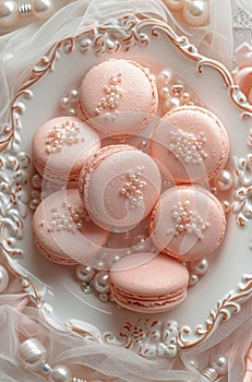 Pink Macaroons and Pearls on a White Cloth