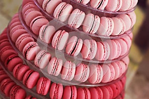 Pink macaroons on rounded plate candy sweets