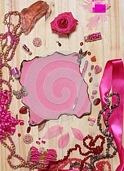 Pink and Magenta Jewelry With Rose and Blank Paper With Burned Edges