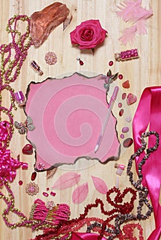 Pink and Magenta Jewelry With Rose and Blank Paper With Burned Edges