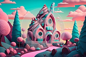 pink magic cartoon house in the forest illustration Generative AI