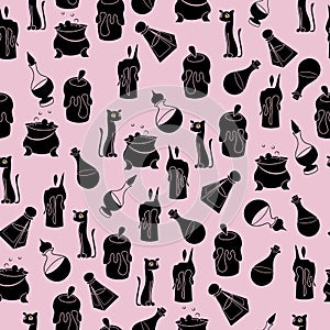 Pink magic cats and potions seamless pattern