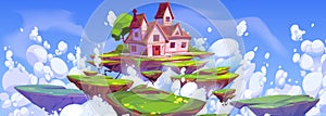 Pink magic house on floating island in blue sky