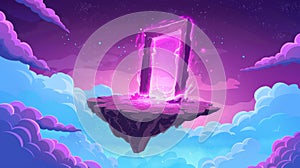 Pink magic portal with floating island in sky cartoon modern background. Teleport door to another dimension, world or