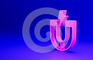Pink Magnet icon isolated on blue background. Horseshoe magnet, magnetism, magnetize, attraction. Minimalism concept. 3D