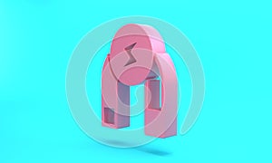 Pink Magnet icon isolated on turquoise blue background. Horseshoe magnet, magnetism, magnetize, attraction. Minimalism