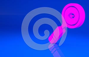 Pink Magnifying glass icon isolated on blue background. Search, focus, zoom, business symbol. Minimalism concept. 3d