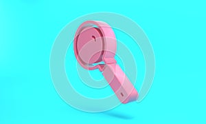 Pink Magnifying glass icon isolated on turquoise blue background. Search, focus, zoom, business symbol. Minimalism