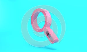 Pink Magnifying glass icon isolated on turquoise blue background. Search, focus, zoom, business symbol. Minimalism