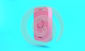 Pink Magnifying glass and mobile icon isolated on turquoise blue background. Search, focus, zoom, business symbol