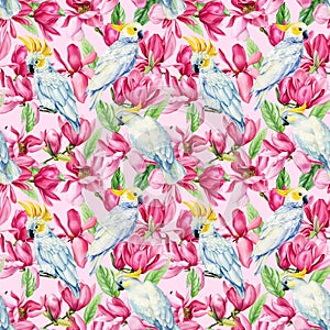 Pink magnolia and bird on an isolated white background, watercolor spring flowers. Seamless pattern with parrot