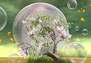 Pink Magnolia flower blossom , surreal Universum with, growing bubbles , open space and sunset, One more Fantasy world