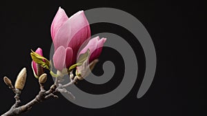 Pink magnolia flowers on dark background. Springtime and nature concept