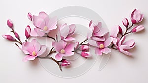 Pink magnolia flowers in full bloom isolated on white background in the spring season