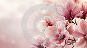 Pink magnolia flowers on soft bokeh background. Floral design wallpaper with copy space