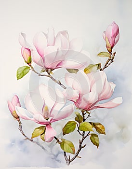 Pink Magnolia Flowers on a Tree Branch Watercolor Painting.